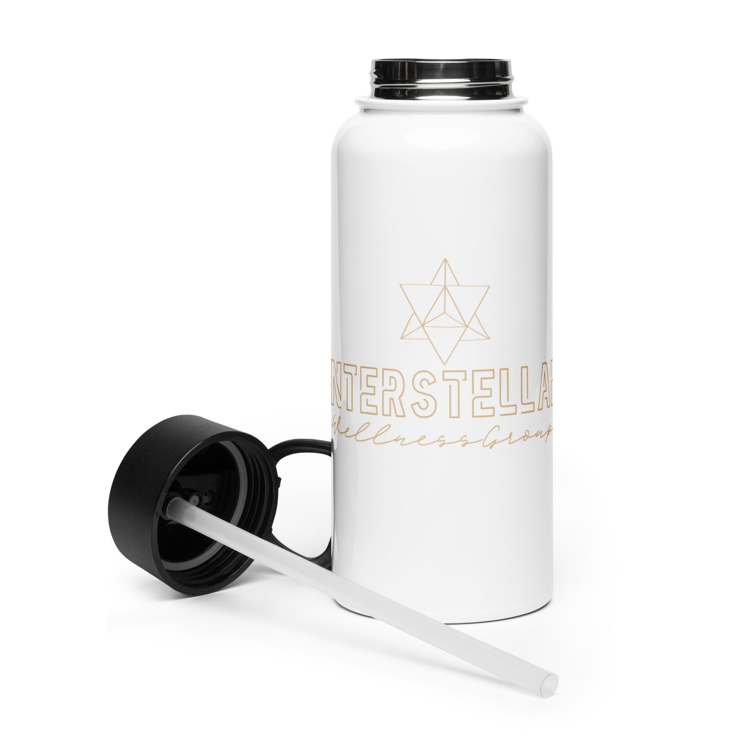 White water bottle with black cap and straw, featuring 'Interstellar' branding on a white background.