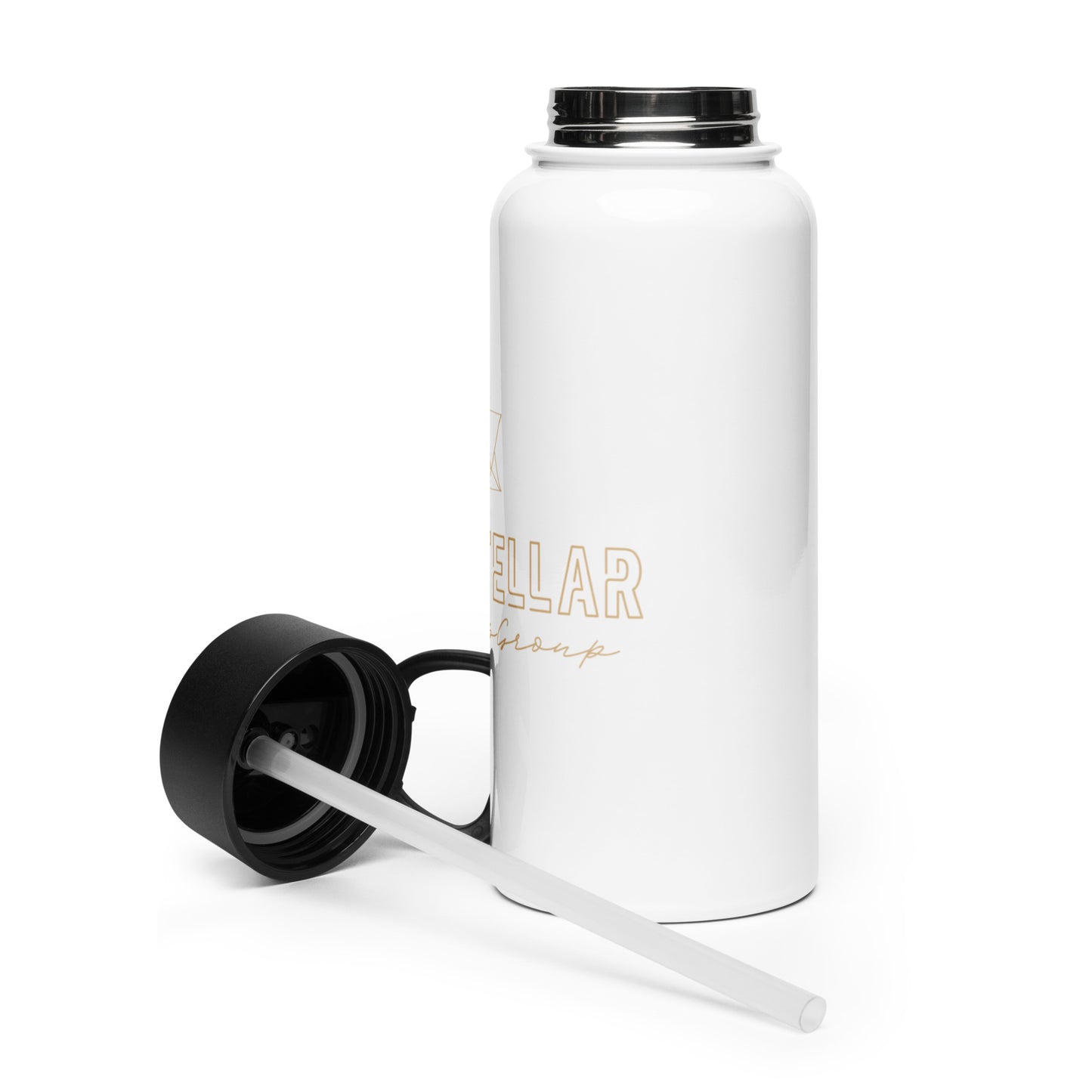 White water bottle with black lid and straw on a white background