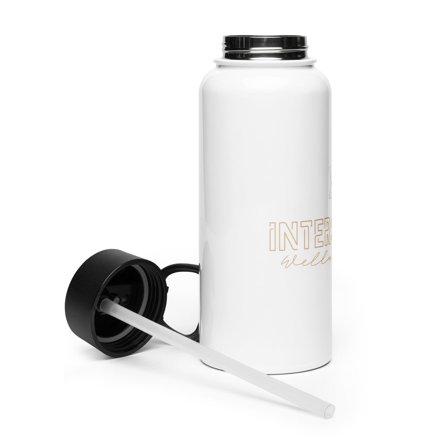 White water bottle with black lid and straw on a white background