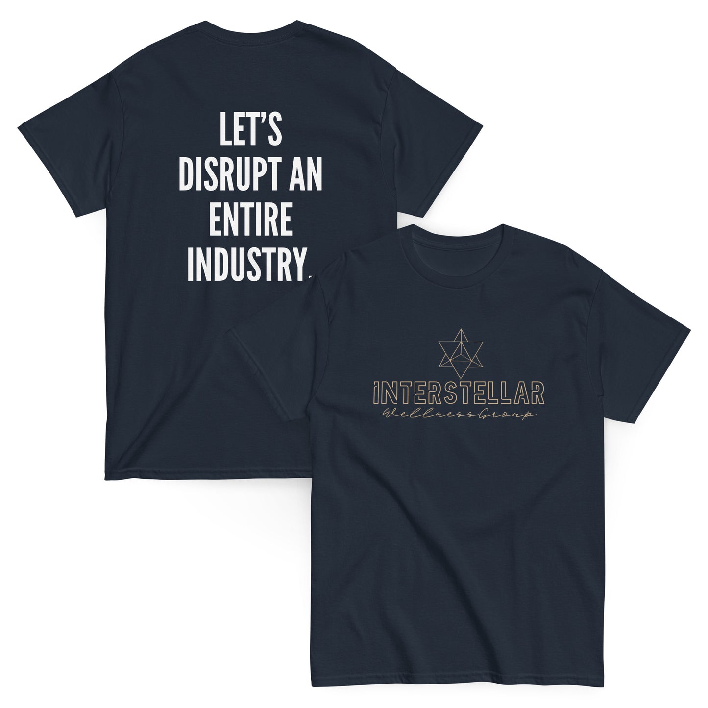 Navy blue t-shirt with text on front and back on a white background