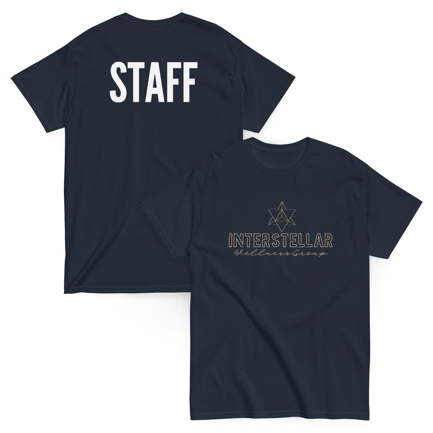 Navy blue t-shirt with 'STAFF' on the back and 'INTERSTELLAR WELLNESS' on the front, displayed on a white background.