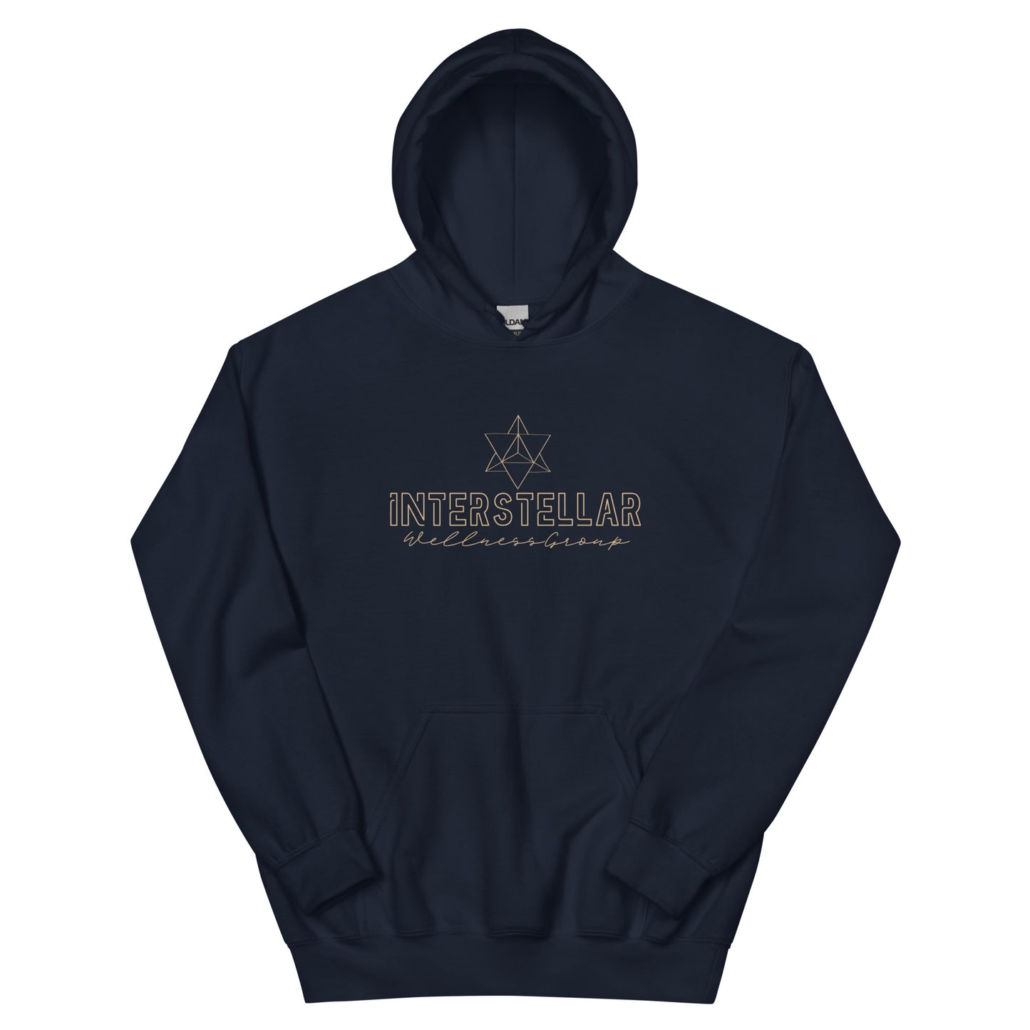 Navy blue hoodie with 'Interstellar' text and logo on a white background