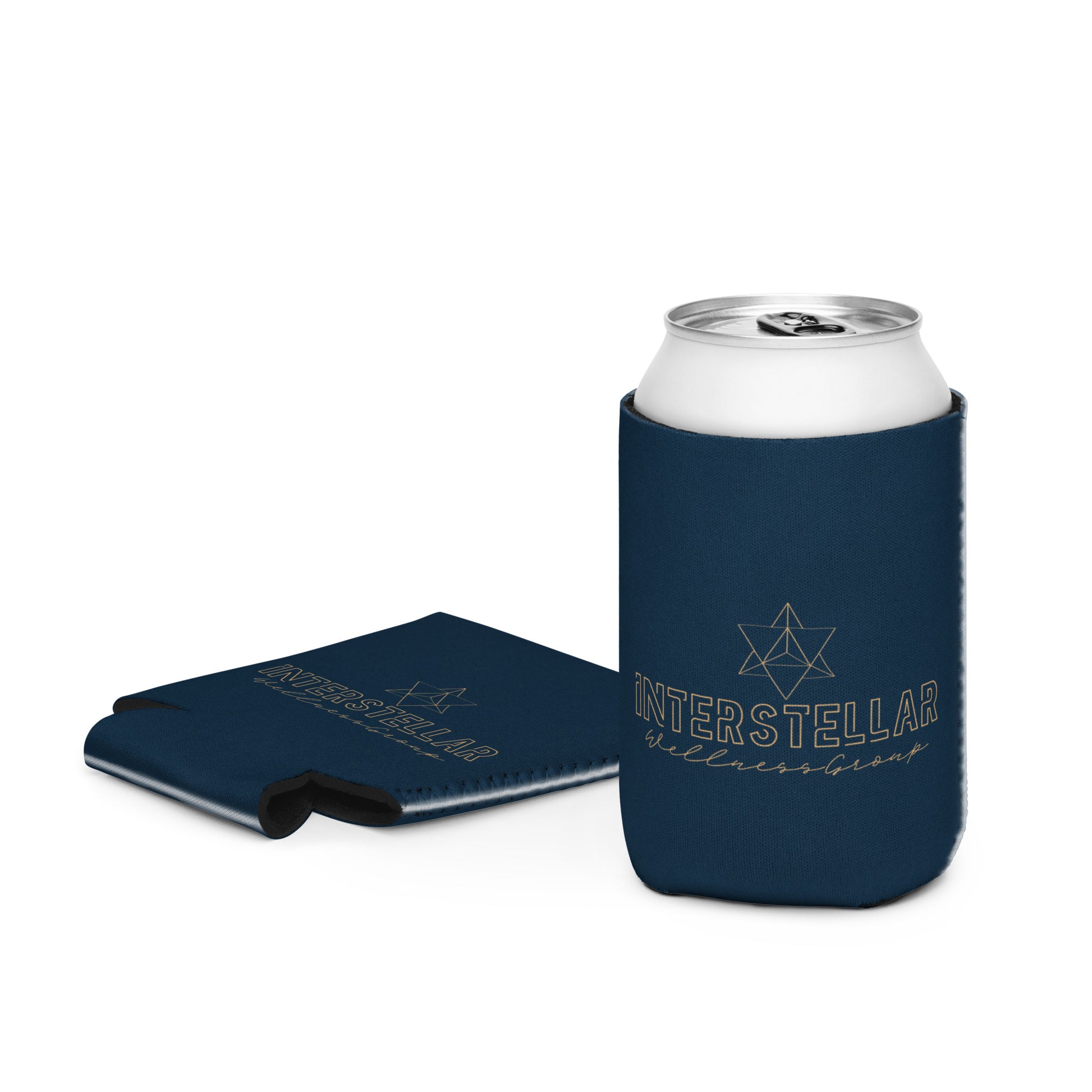 Navy blue can cooler with 'Interstellar Wellness' branding on a white background