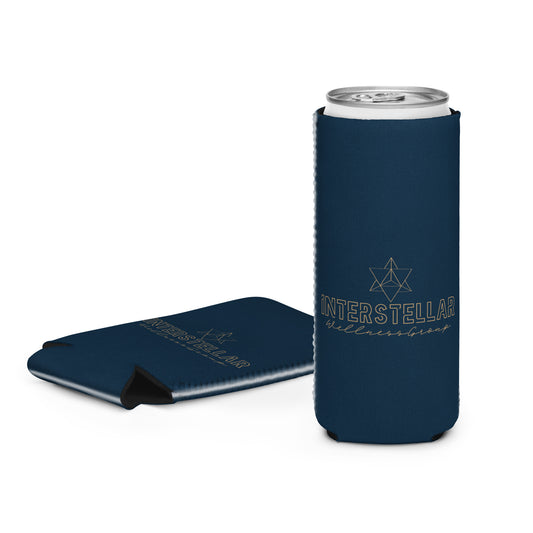 Blue can cooler with 'Interstellar' branding on a white background