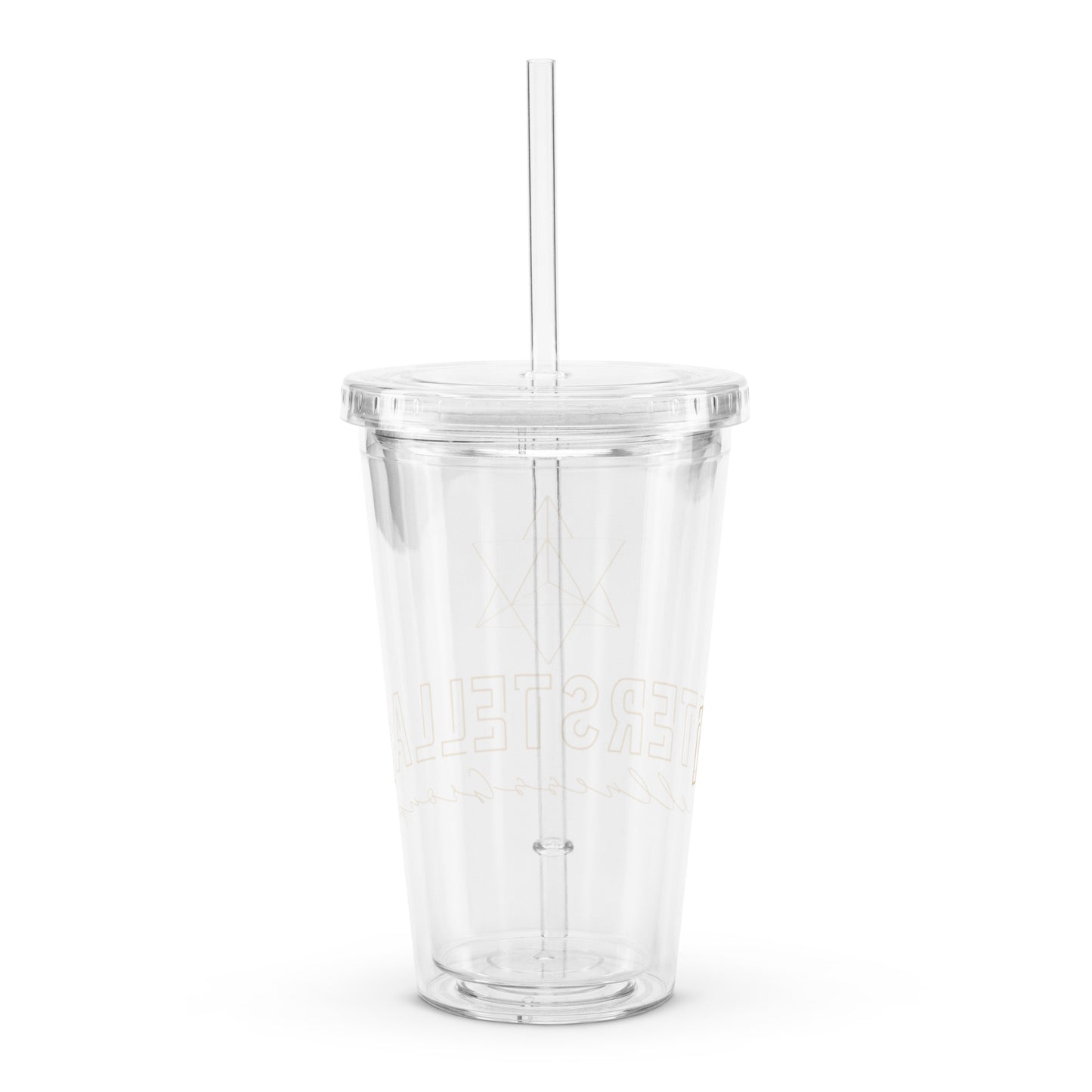 Clear plastic cup with a straw on a white background