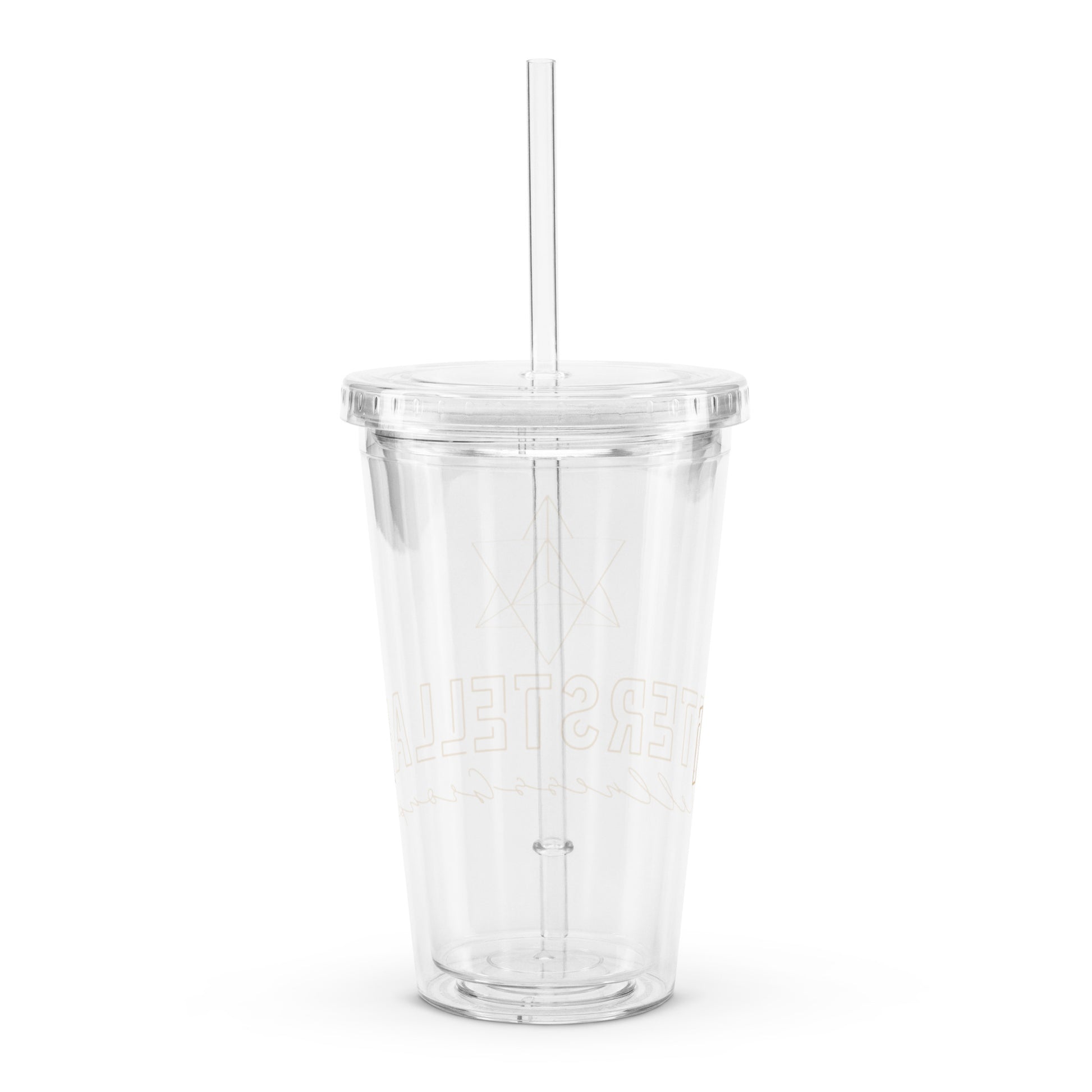 Clear plastic cup with a straw on a white background