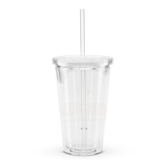 Clear plastic cup with a straw on a white background