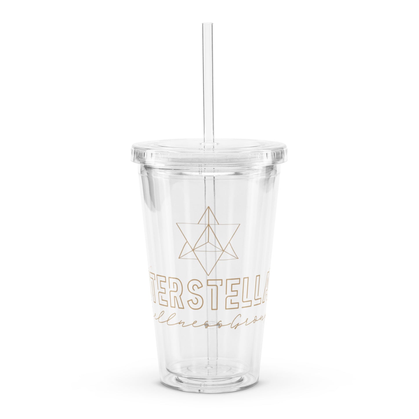 Clear tumbler with gold merkaba design and text on a white background