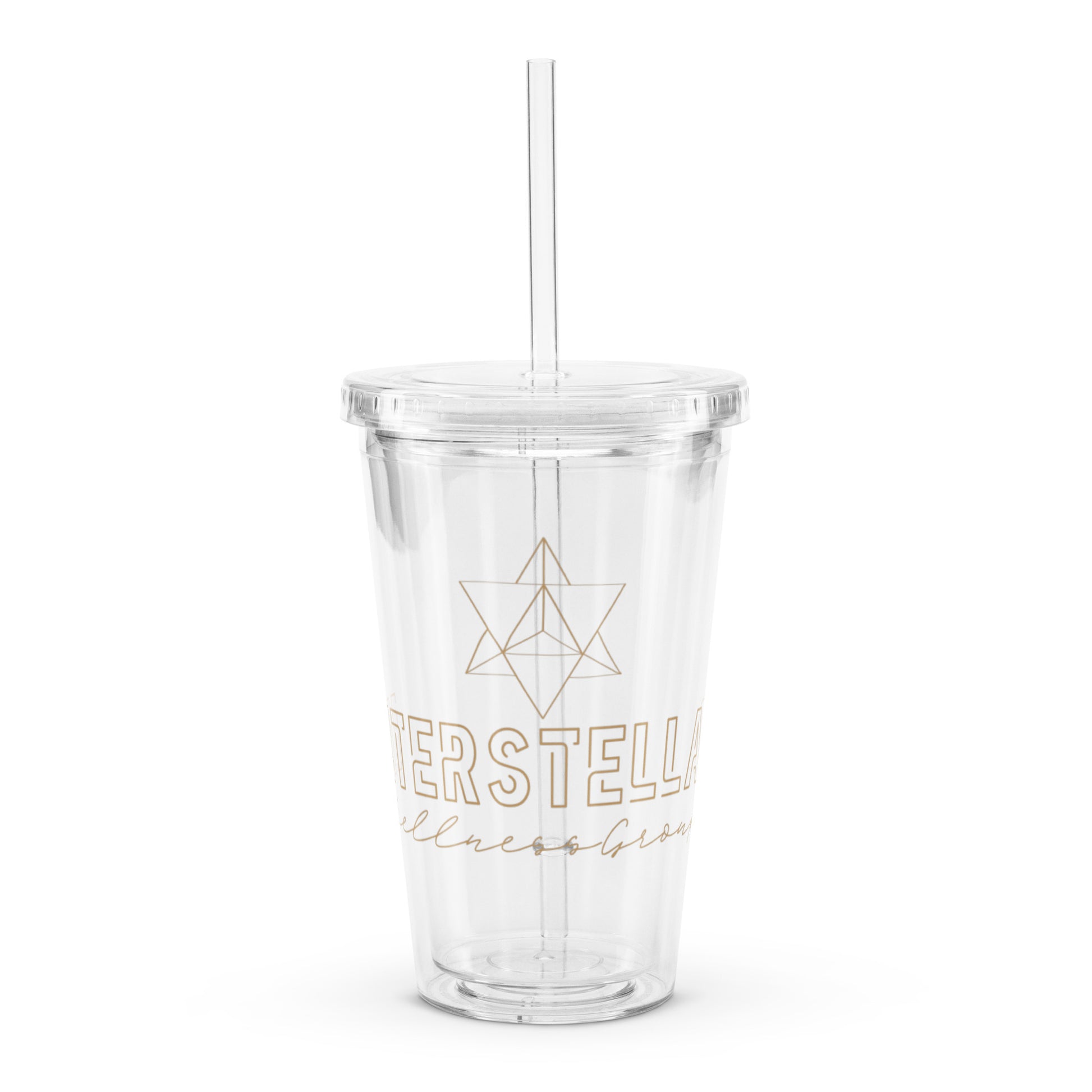 Clear tumbler with gold merkaba design and text on a white background