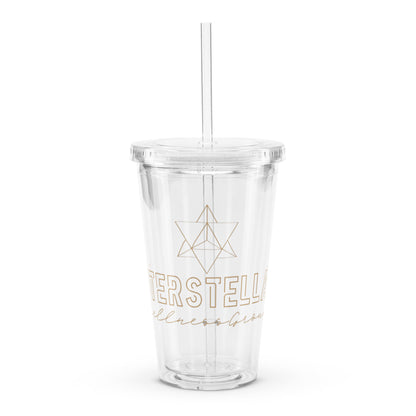 Clear tumbler with gold merkaba design and text on a white background