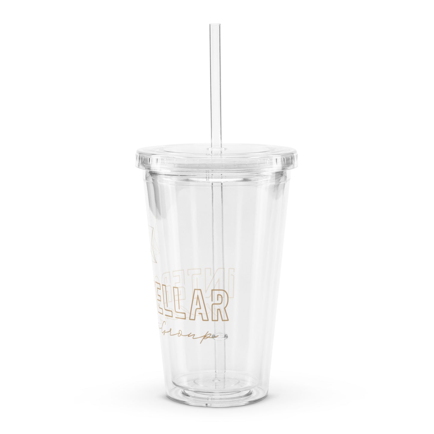 Clear tumbler with straw and "INTERSTELLAR WELLNESS GROUP" text on a white background