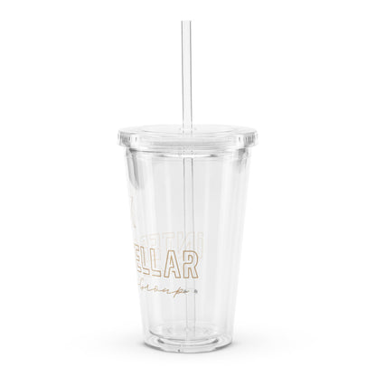 Clear tumbler with straw and "INTERSTELLAR WELLNESS GROUP" text on a white background