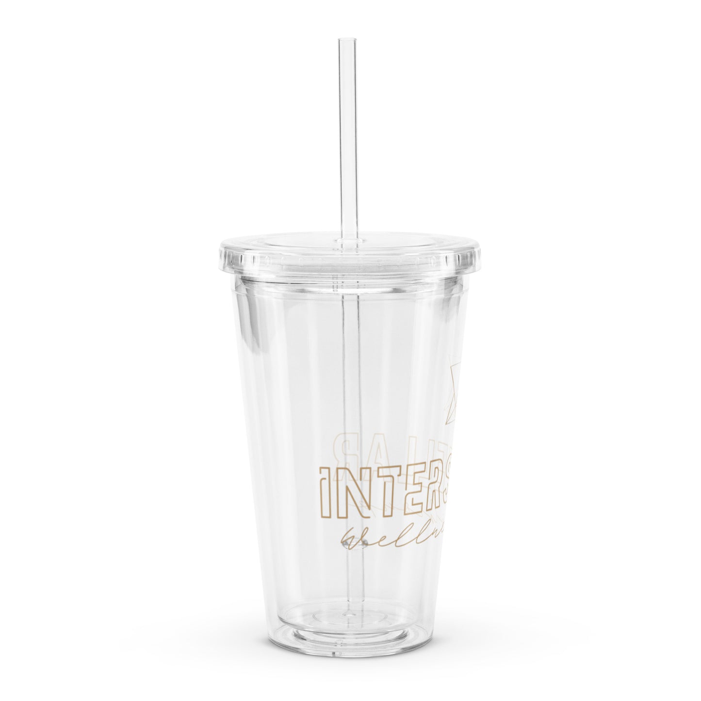 Clear tumbler with gold text 'INTERSTELLAR WELLNESS GROUP' on a white background