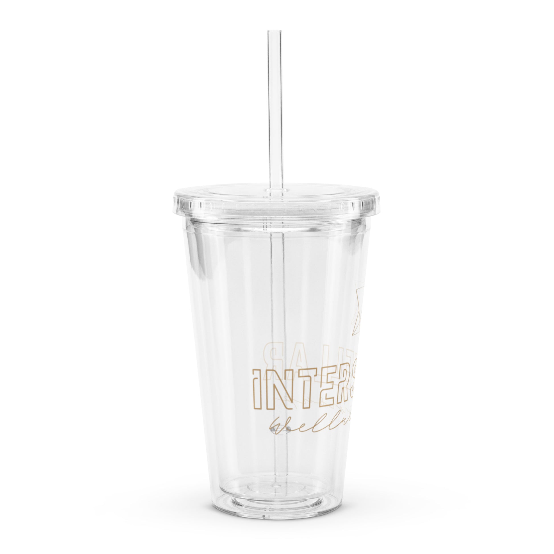 Clear tumbler with gold text 'INTERSTELLAR WELLNESS GROUP' on a white background