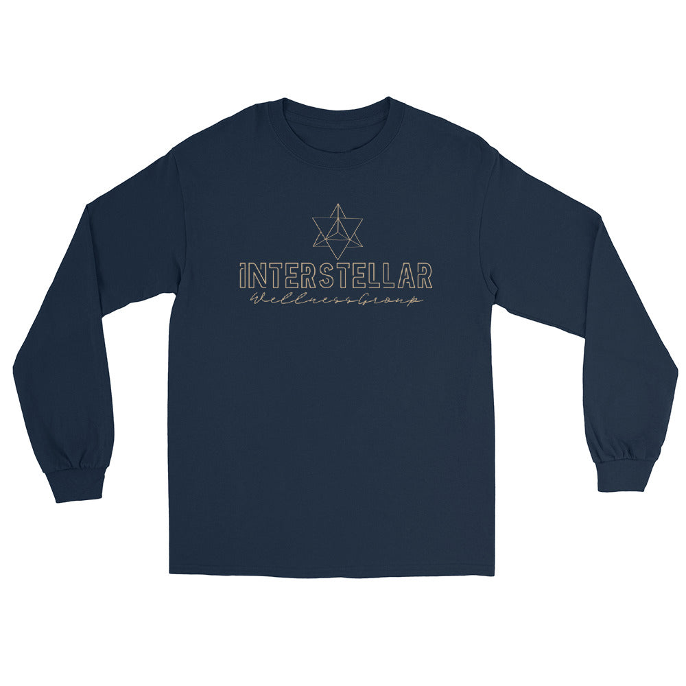 Navy blue long-sleeve shirt with 'Interstellar wellness group' text and logo on a white background