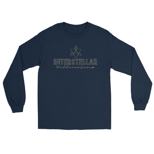 Navy blue long-sleeve shirt with 'Interstellar wellness group' text and logo on a white background