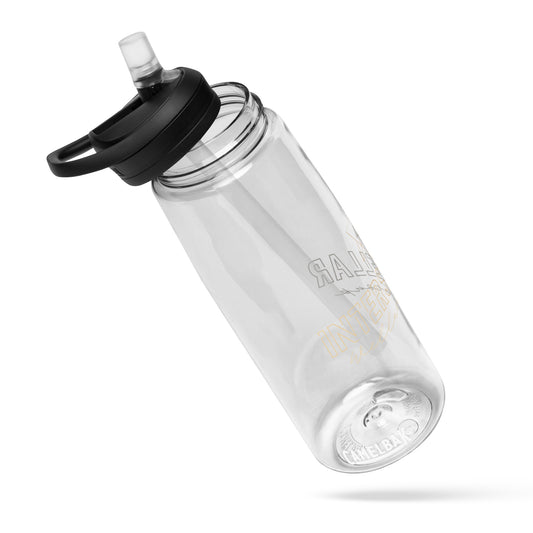 Clear water bottle with black lid on a white background