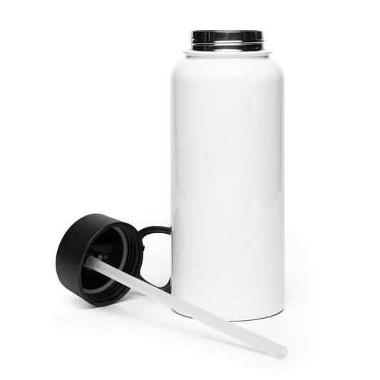 White water bottle with black cap and straw on a white background
