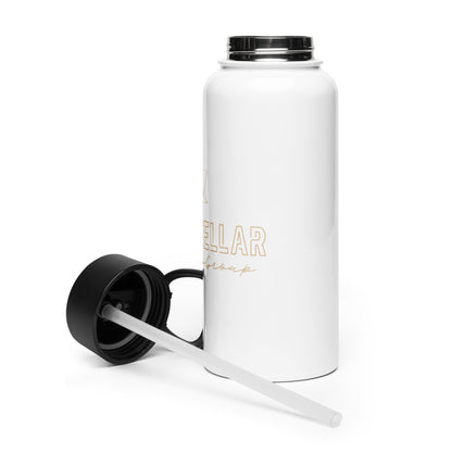 White water bottle with black lid and straw on a white background