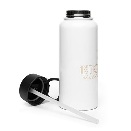 White water bottle with black lid and straw on a white background
