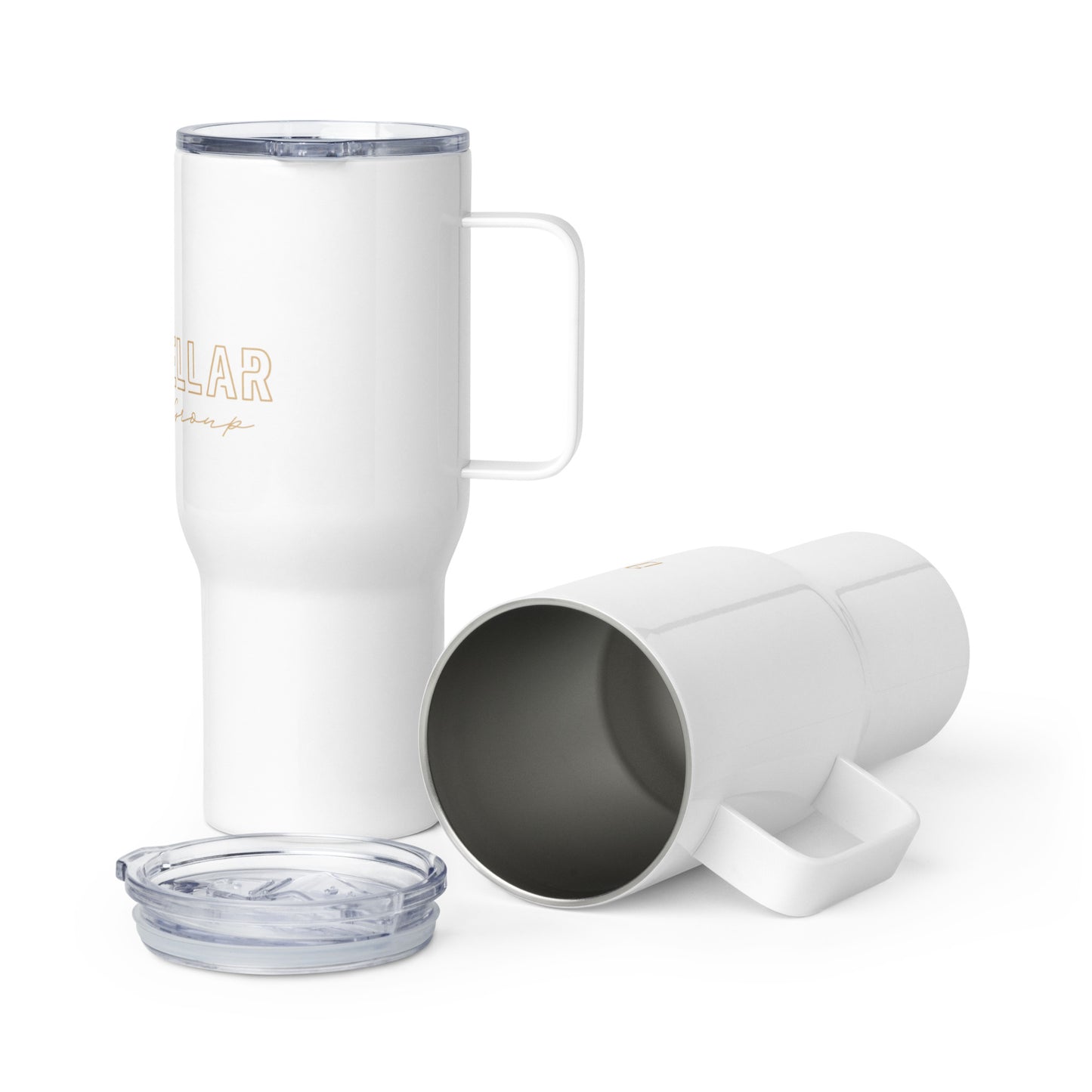 White insulated mug with handle, clear lid, and additional small lid on a white background