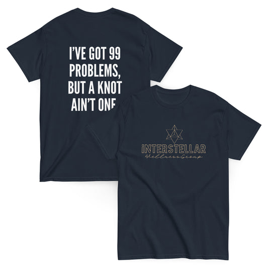 Navy blue t-shirt with text on front and back