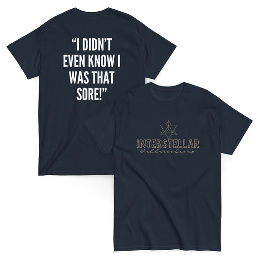 Navy blue t-shirt with text on front and back