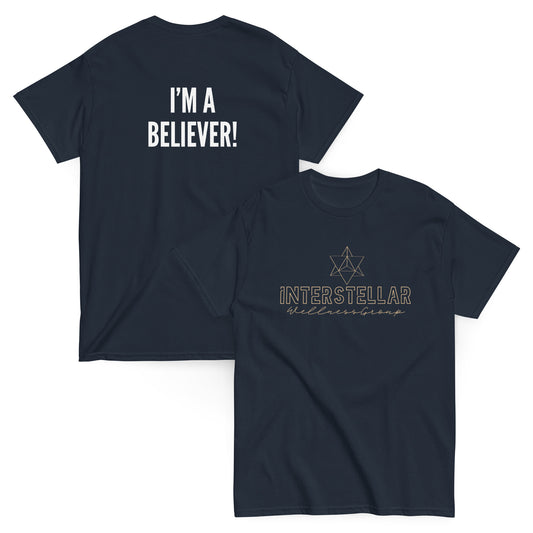 Navy blue t-shirt with text 'I'm a Believer!' on the front and 'Interstellar Wellness group' on the back.