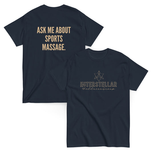 Navy blue t-shirt with text 'Ask me about sports massage' on the front and 'Interstellar Wellness group' logo on the back.