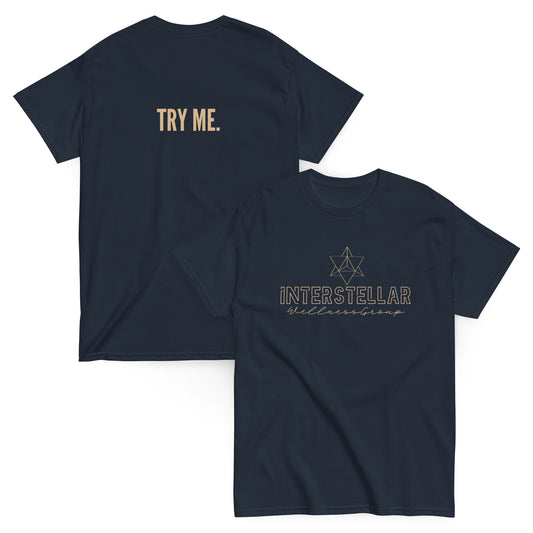 Navy blue t-shirt with 'TRY ME.' text on the front and 'INTERSTELLAR WELLNESS GROUP' design on the back.