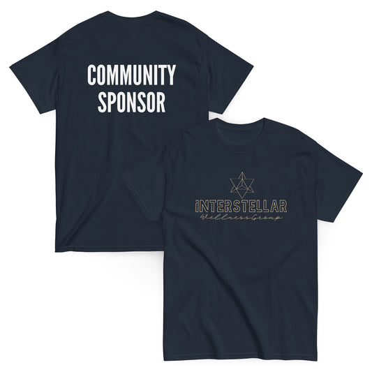 Navy blue t-shirt with 'Community Sponsor' on the back and 'Interstellar Wellness Group' on the front.