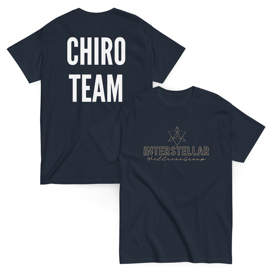 Navy blue t-shirt with 'CHIRO TEAM' on the back and 'INTERSTELLAR WELLBEING' on the front.
