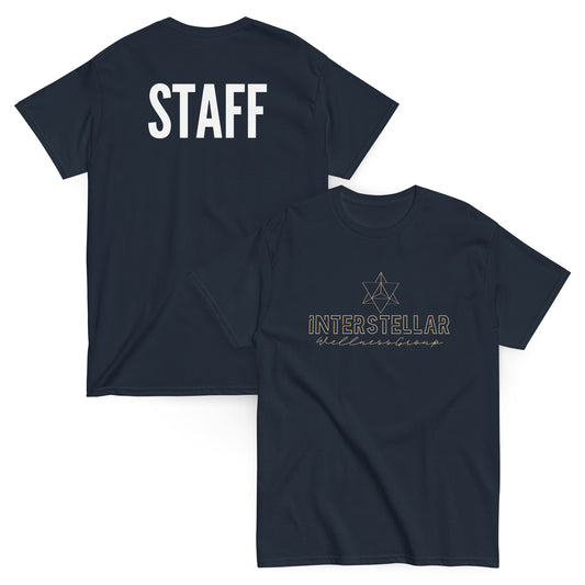 Navy blue t-shirt with 'STAFF' on the back and 'INTERSTELLAR WELLNESS' on the front, displayed on a white background.