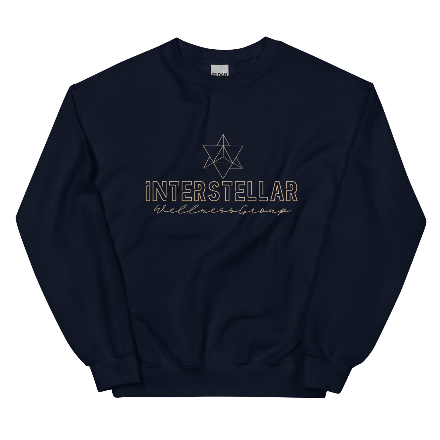 Navy blue sweatshirt with 'Interstellar Wellness Group' text and logo on a white background