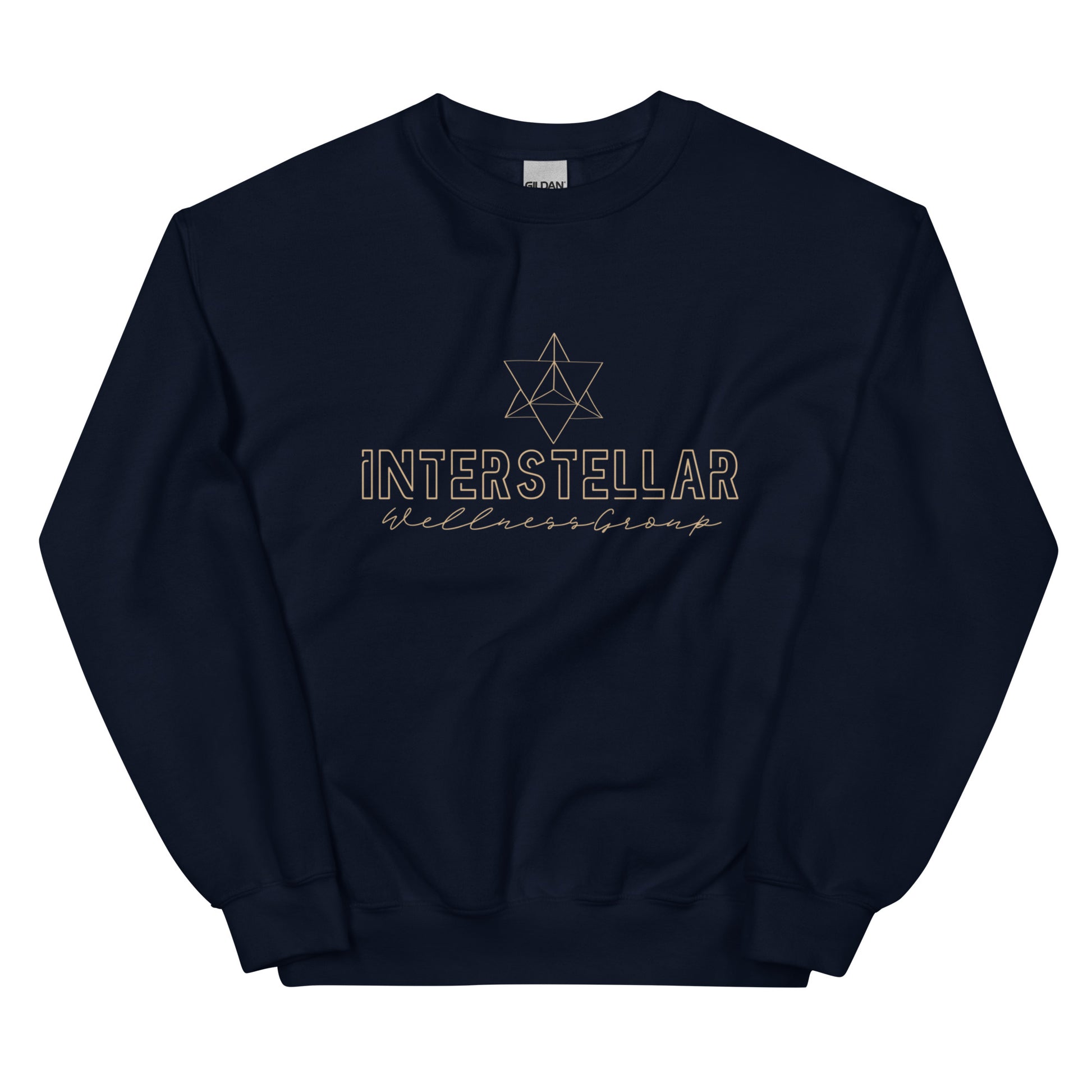 Navy blue sweatshirt with 'Interstellar Wellness Group' text and logo on a white background