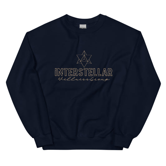 Navy blue sweatshirt with 'Interstellar Wellness Group' text and logo on a white background