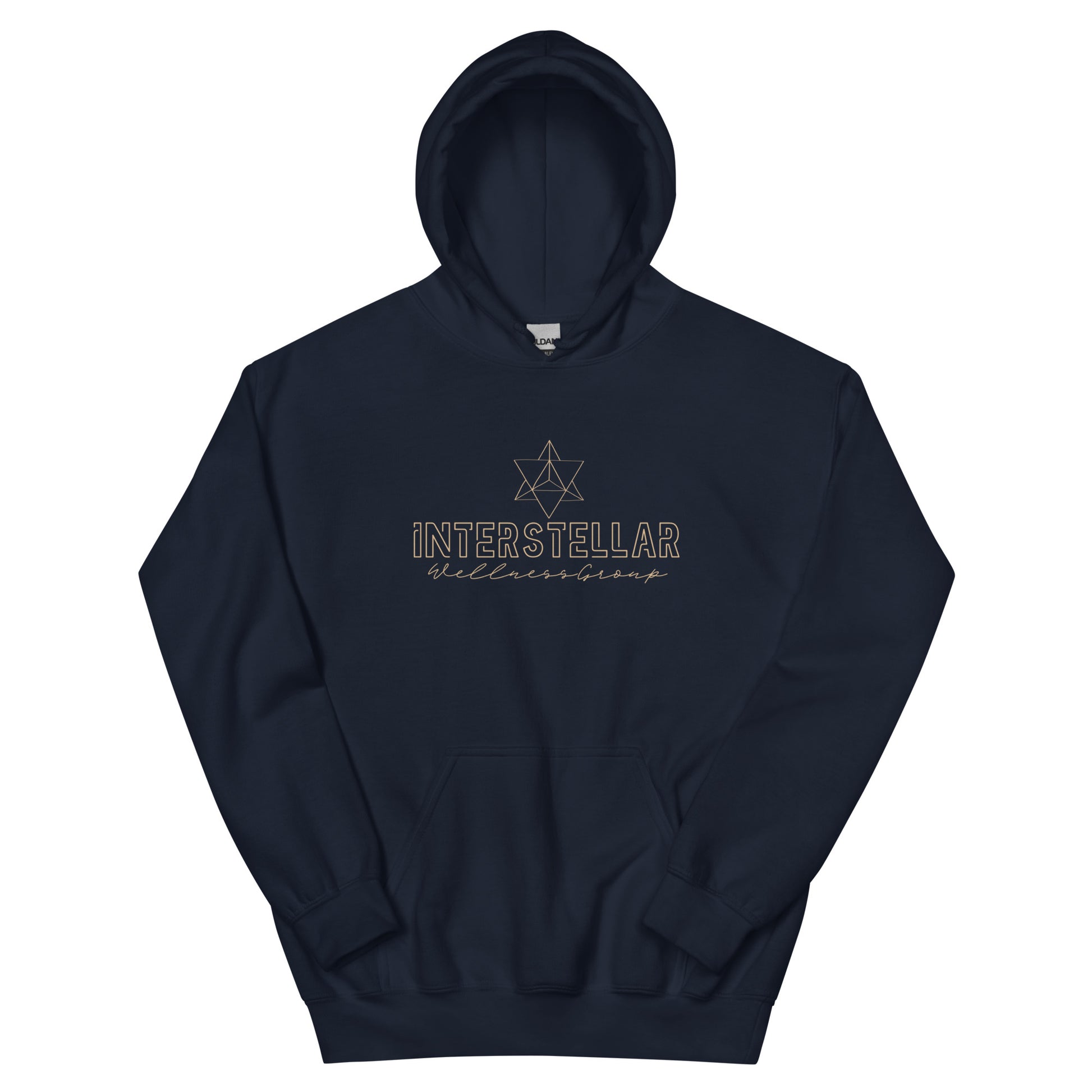 Navy blue hoodie with 'Interstellar' text and logo on a white background