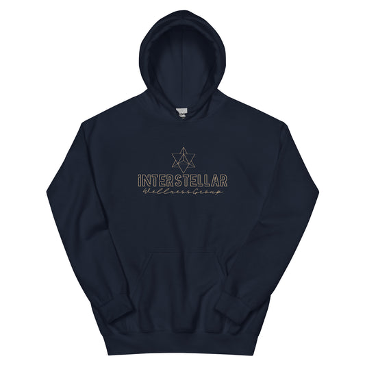 Navy blue hoodie with 'Interstellar' text and logo on a white background